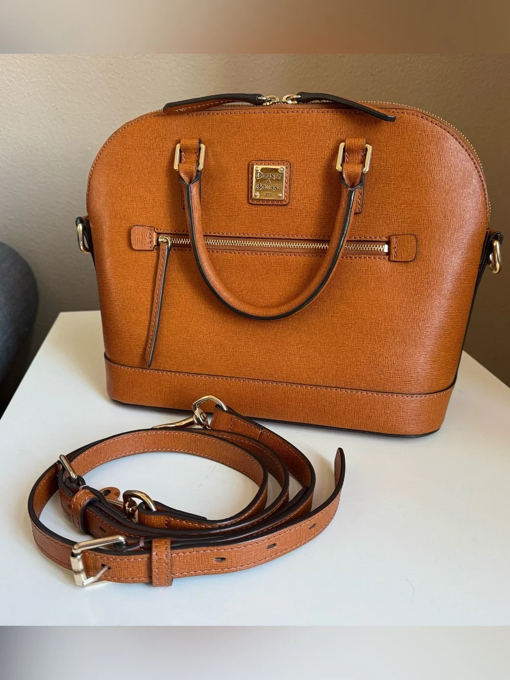 Authentic Dooney & Bourke Saffiano Domed Zip Satchel in Camel